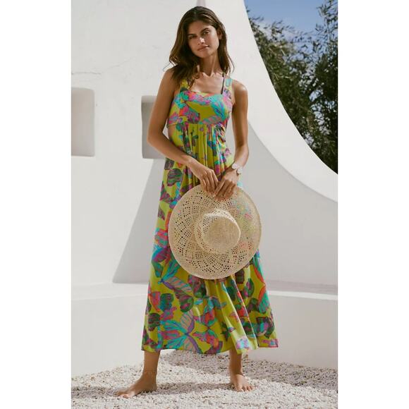 Anthropologie The Piper Bandeau Maxi Dress Size XXS Green Butterfly Print - Picture 1 of 9